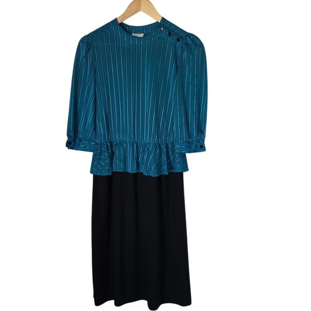Vintage Peplum Top Secretary 80's Small Dress Teal   Puff Sleeves  R of NY